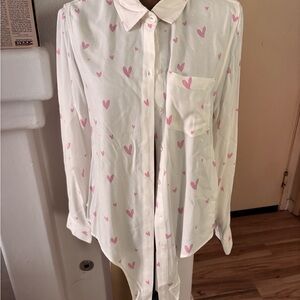 Aqua White long sleeve blouse with Pink Heart Accents and casual tie in front.
